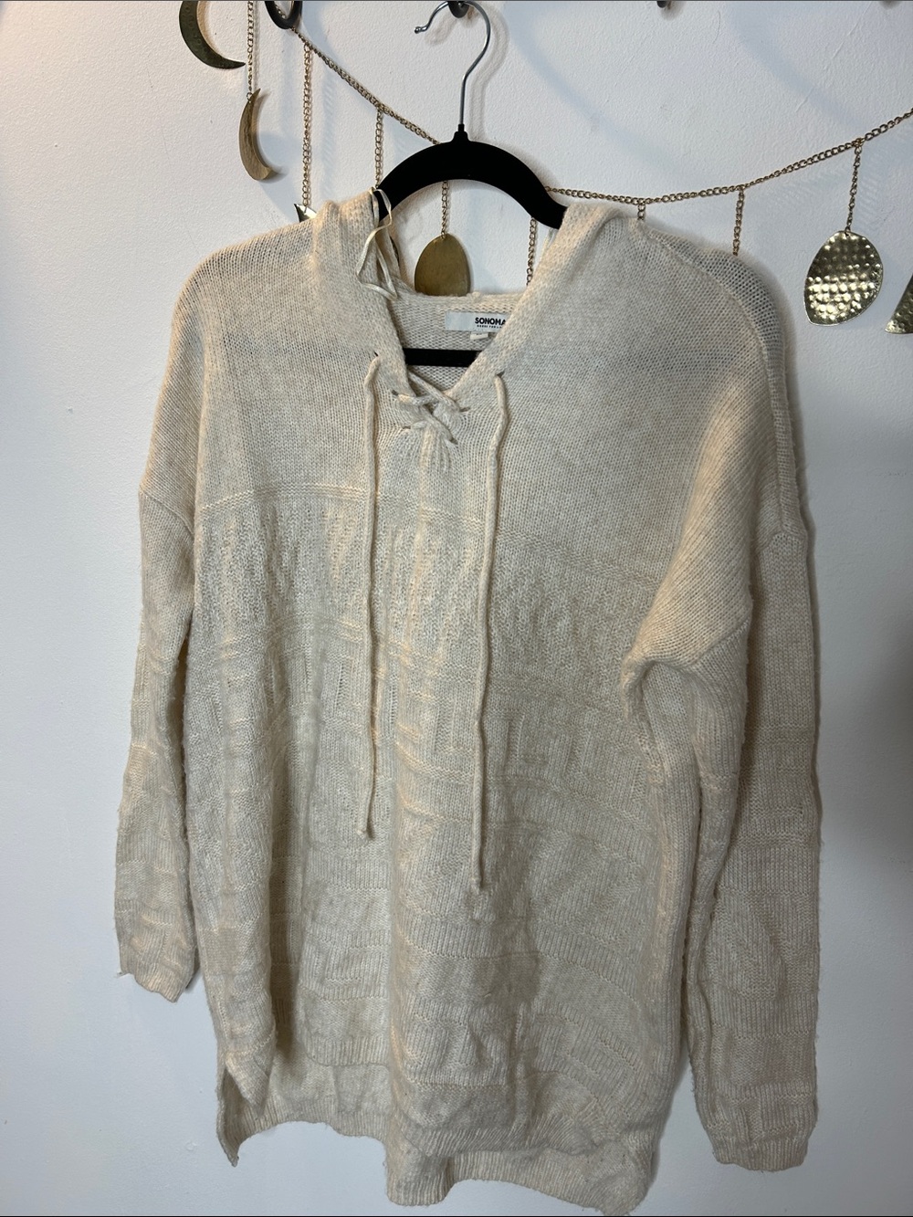 Sonoma Cream Lace-Up Hooded Turtleneck Sweater